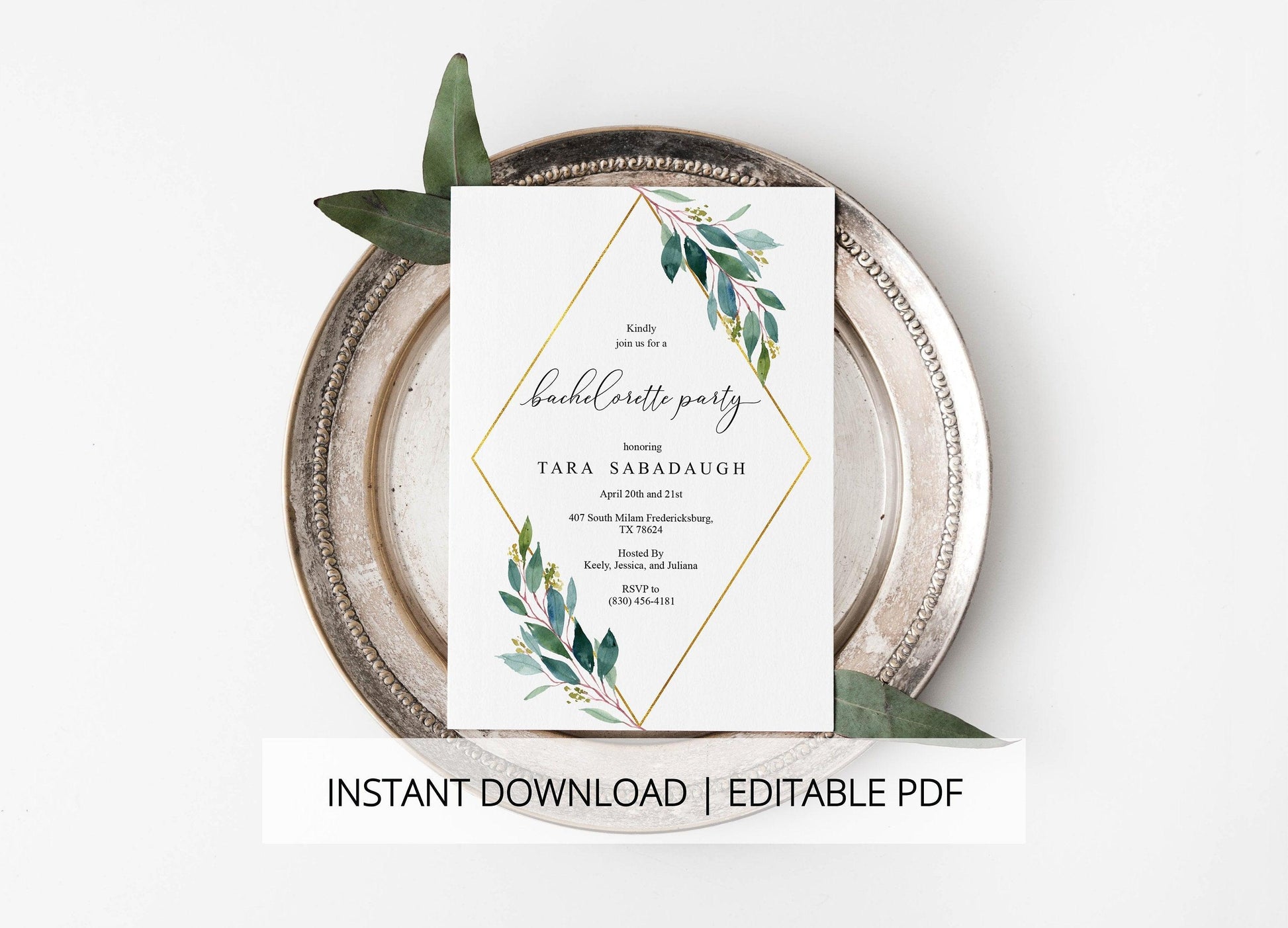 Greenery Bachelorette Party Invite, DIY Editable Instant Download Bachelorette Invites, Gold Geometric Invitation Template - TARA - SAVVY PAPER CO