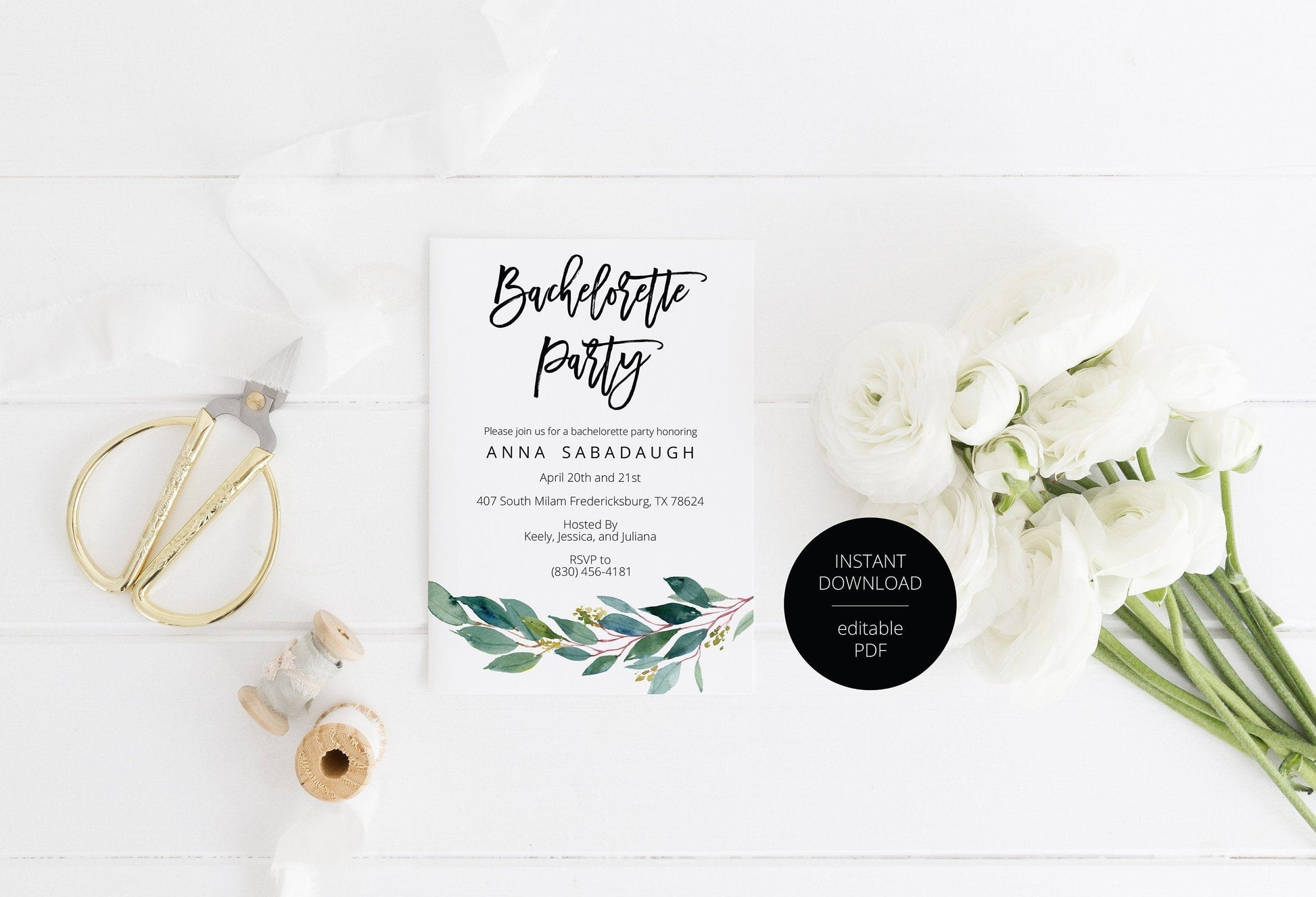 Greenery Bachelorette Party Invite, DIY Editable Instant Download Bachelorette Invites, Invitation Template - ANNA - SAVVY PAPER CO