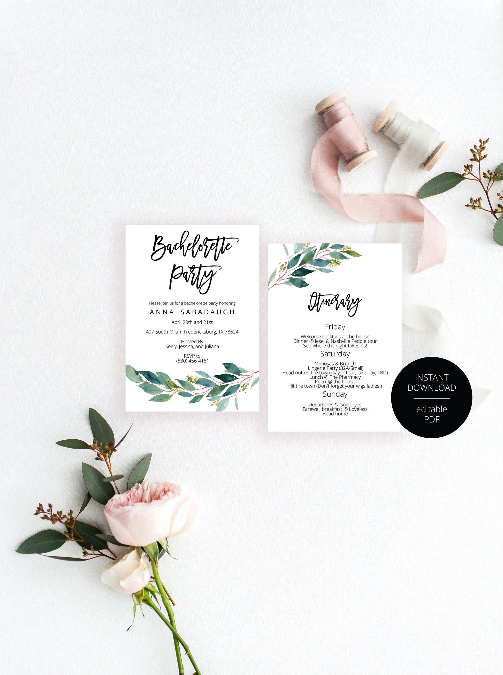 Greenery Bachelorette Party Invite, DIY Editable Instant Download Bachelorette Invites, Invitation Template - ANNA - SAVVY PAPER CO
