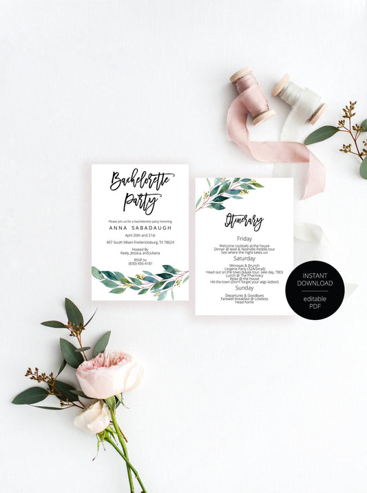 Greenery Bachelorette Party Invite, DIY Editable Instant Download Bachelorette Invites, Invitation Template - ANNA - SAVVY PAPER CO