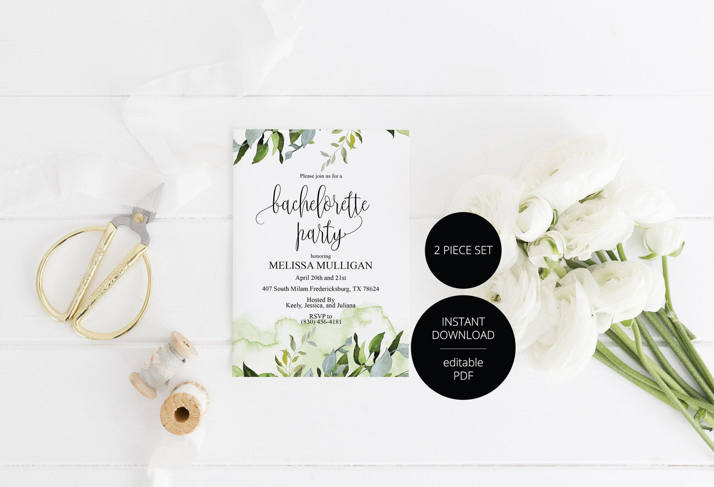 Greenery Bachelorette Party Invite, DIY Editable Instant Download Bachelorette Invites, Rustic Invitation Template - Melissa - SAVVY PAPER CO
