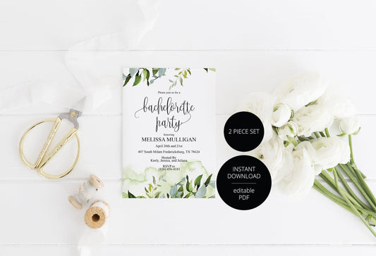 Greenery Bachelorette Party Invite, DIY Editable Instant Download Bachelorette Invites, Rustic Invitation Template - Melissa - SAVVY PAPER CO