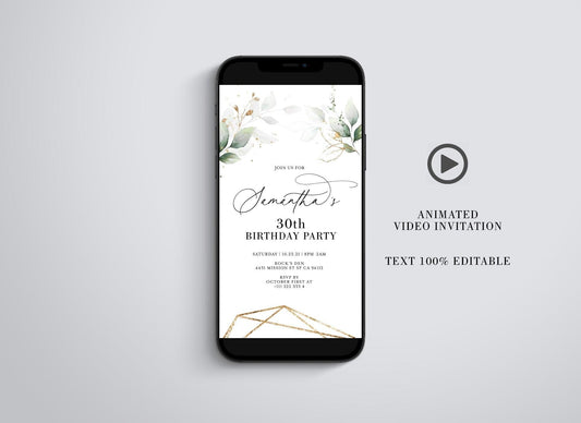 Greenery Birthday Video Evite, Electronic Birthday Invite, Birthday Video Invitation, Animated Invitation - SAVVY PAPER CO