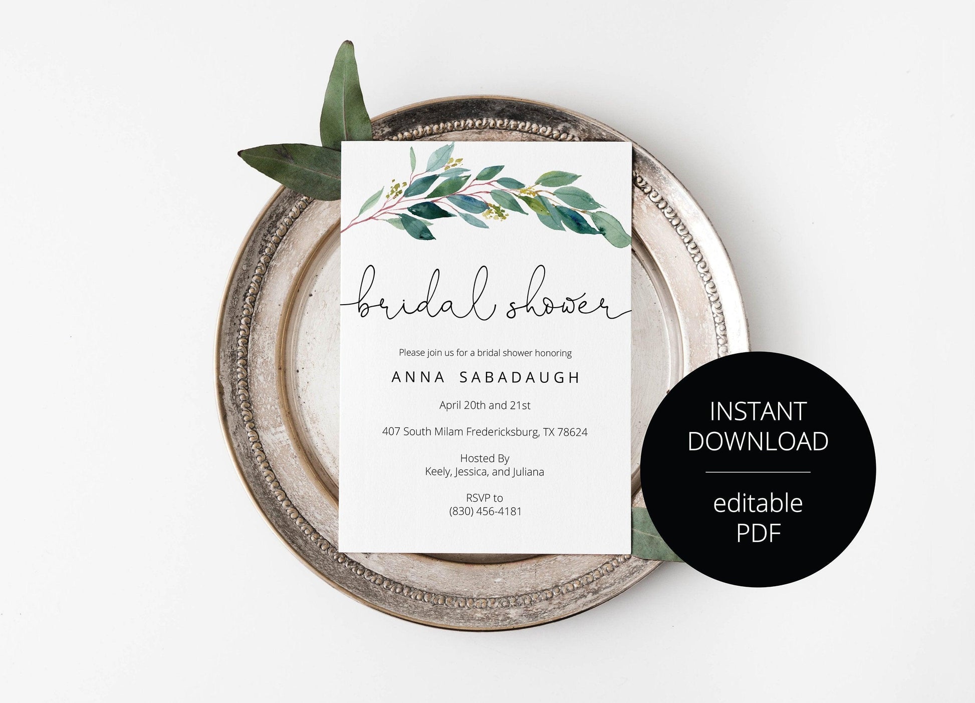 Greenery Bridal Shower Invitation Instant Download Printable Editable Template DIY Bridal Shower Invite - ANNA - SAVVY PAPER CO