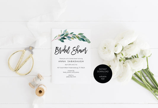 Greenery Bridal Shower Invitation Instant Download Printable Editable Template DIY Bridal Shower Invite - ANNA - SAVVY PAPER CO