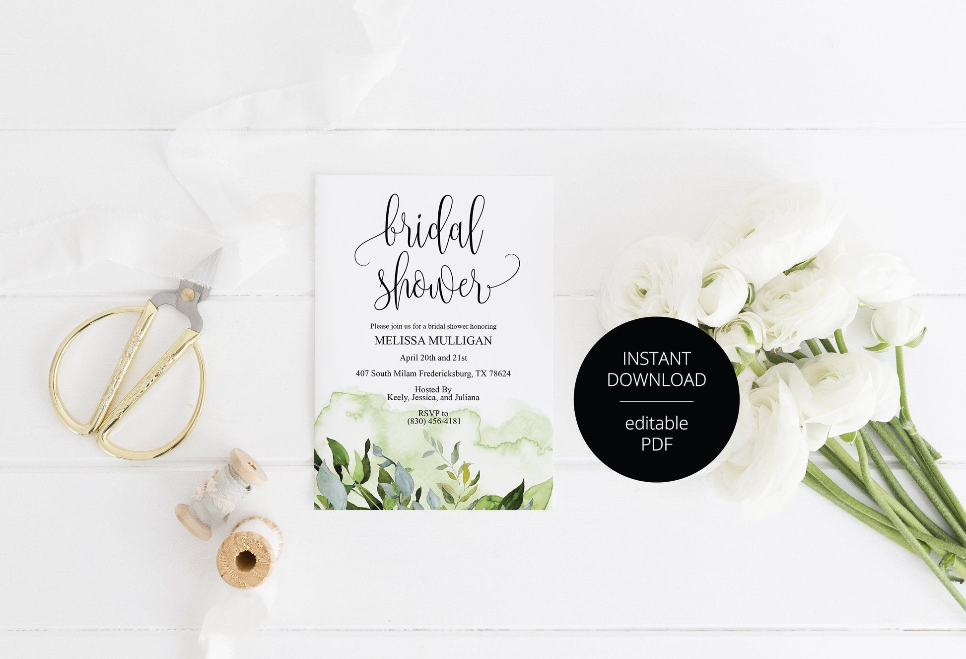 Greenery Bridal Shower Invitation Template, Instant Download, Printable, Editable Invite, DIY, Bridal Shower Invites - Melissa - SAVVY PAPER CO
