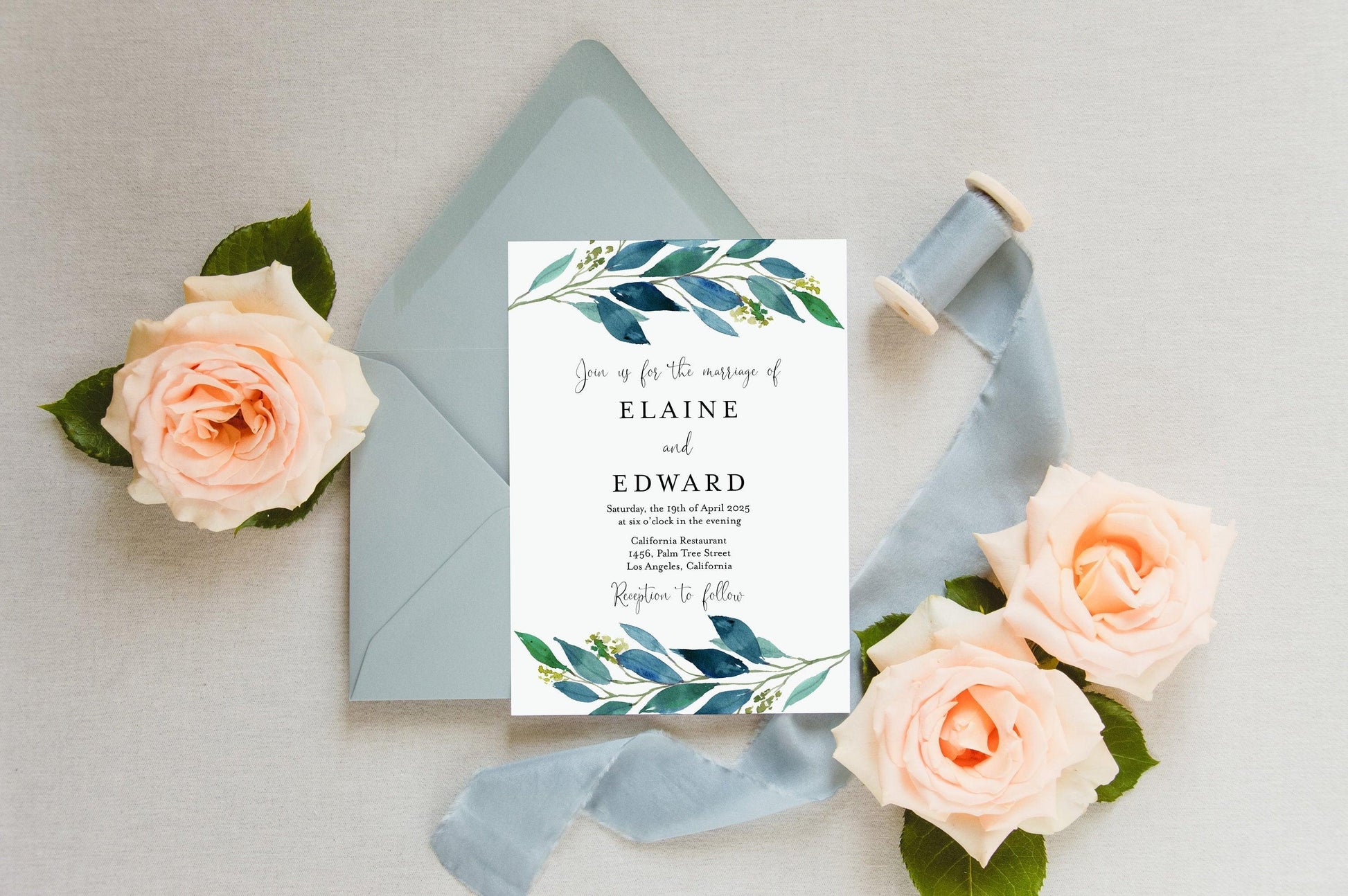 Greenery Dusty Blue Wedding Invitation Editable Template, Printable DIY Instant Download Invites, Digital Download Invitations- Elaine - SAVVY PAPER CO