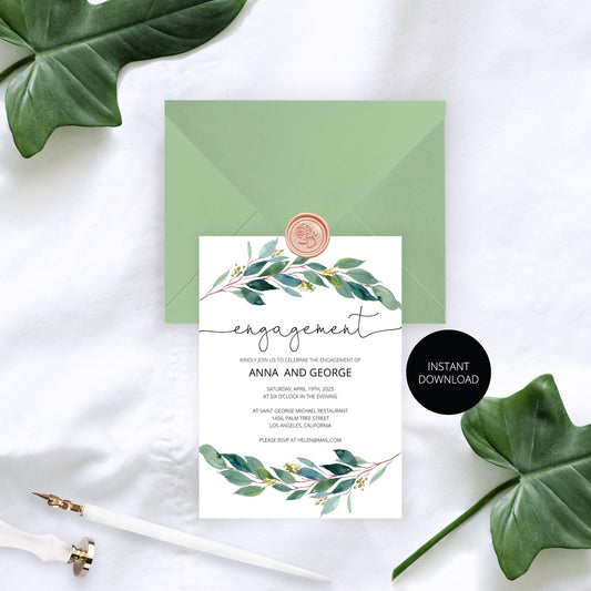 Greenery Engagement Party Invite, Printable Invitation, Engagement Invites,Invitation Template,Instant Download - Anna - SAVVY PAPER CO