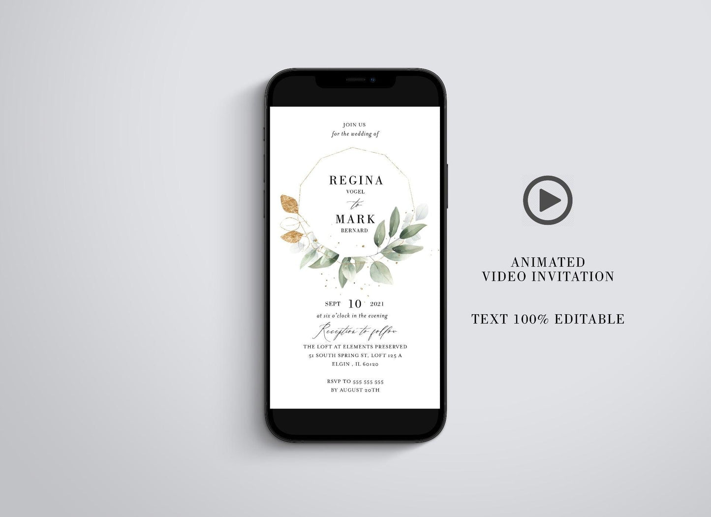 Greenery Frame Animated Wedding Invitation, Geometric Video Wedding Invite, Mp4 Invites, Gold Wedding - SAVVY PAPER CO