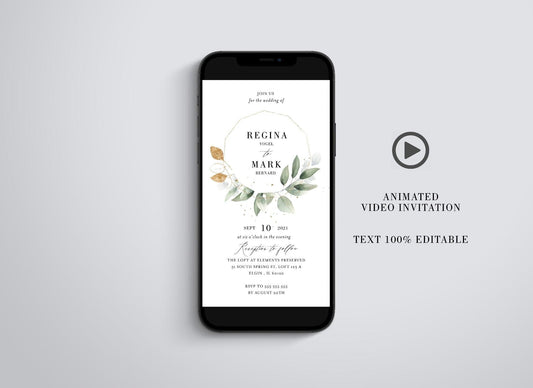 Greenery Frame Animated Wedding Invitation, Geometric Video Wedding Invite, Mp4 Invites, Gold Wedding - SAVVY PAPER CO