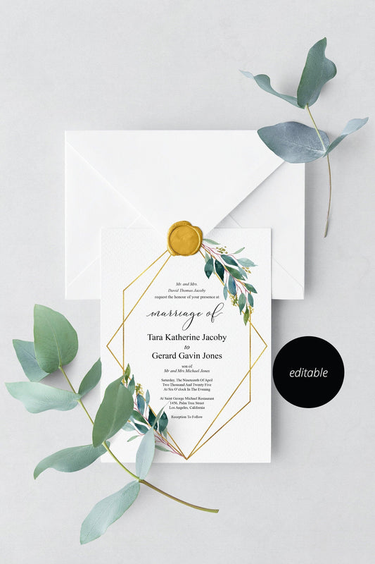 Greenery Geometric Wedding Invitation Editable Template, Printable DIY Instant Download Invites, Digital Download Invitations- TARA - SAVVY PAPER CO