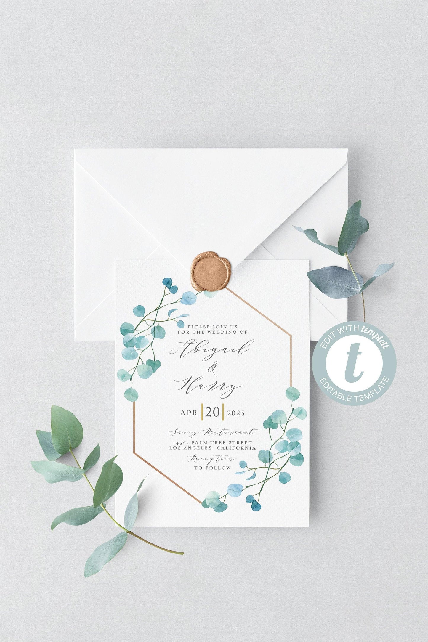 Greenery Geometric Wedding Invitation Template, Printable DIY Instant Download Invites, 100% Editable Invitations -Abi - SAVVY PAPER CO