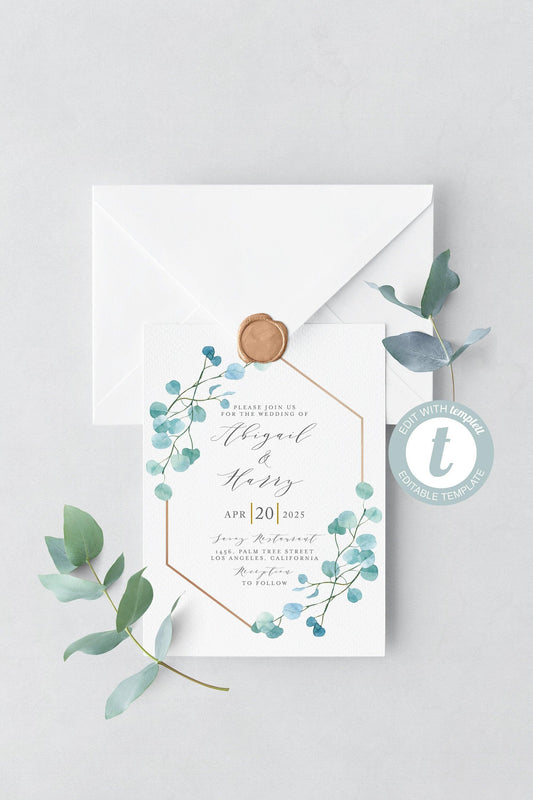 Greenery Geometric Wedding Invitation Template, Printable DIY Instant Download Invites, 100% Editable Invitations -Abi - SAVVY PAPER CO