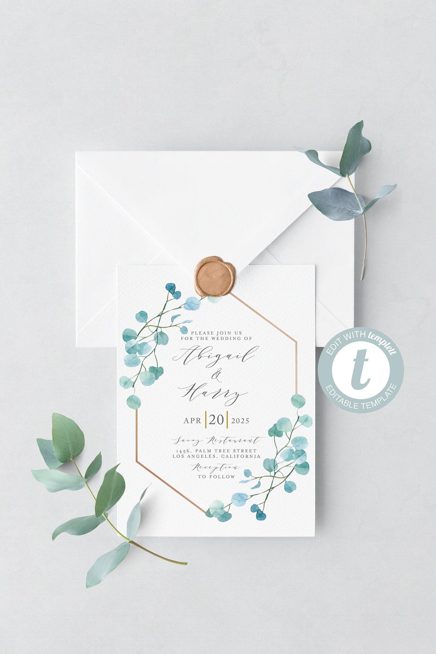 Greenery Geometric Wedding Invitation Template, Printable DIY Instant Download Invites, 100% Editable Invitations -Abi - SAVVY PAPER CO