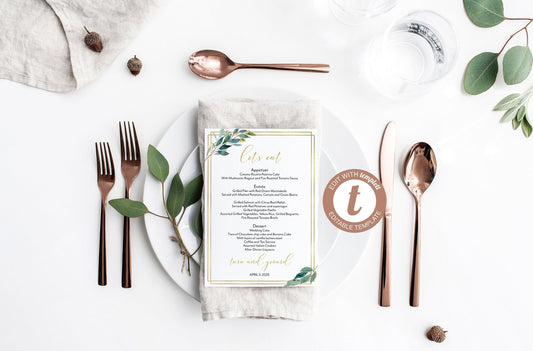 Greenery Gold Wedding Menu Printable Template, Editable Instant Download, Menu Cards, DIY Dinner Menu - Tara - SAVVY PAPER CO