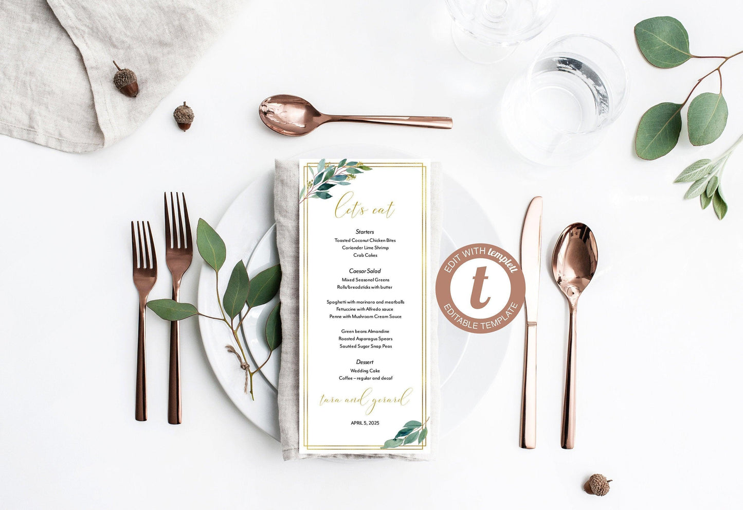 Greenery Gold Wedding Menu Printable Template, Editable Instant Download, Menu Cards, DIY Dinner Menu - Tara - SAVVY PAPER CO