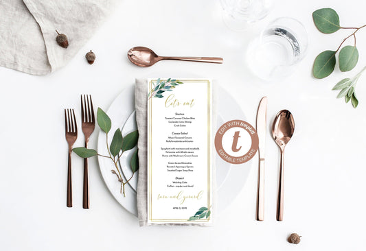 Greenery Gold Wedding Menu Printable Template, Editable Instant Download, Menu Cards, DIY Dinner Menu - Tara - SAVVY PAPER CO