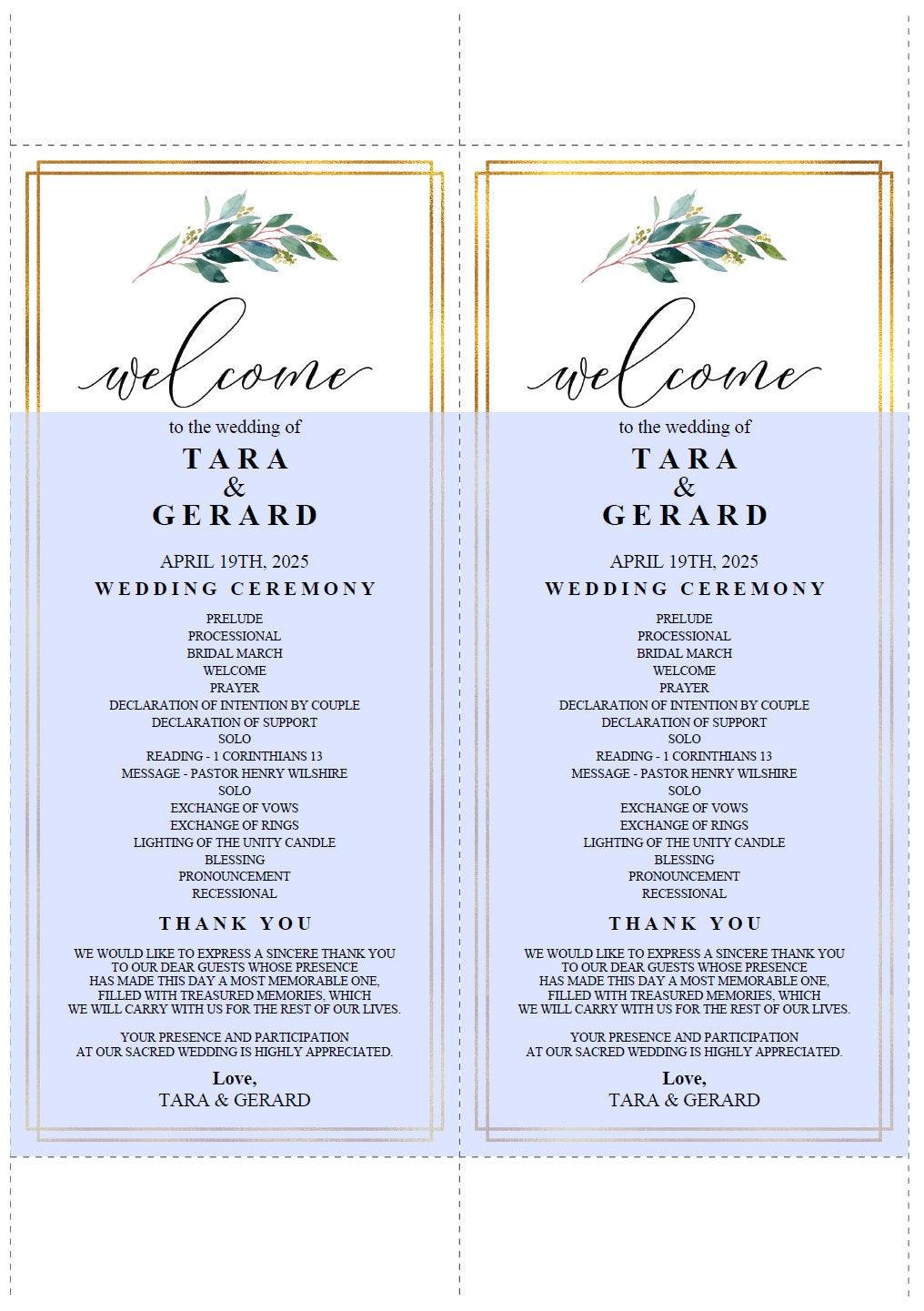 Greenery Gold Wedding Program Template Printable Ceremony Programs Editable Template Instant download - TARA - SAVVY PAPER CO