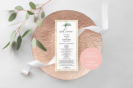 Greenery Gold Wedding Program Template Printable Ceremony Programs Editable Template Instant download - TARA - SAVVY PAPER CO