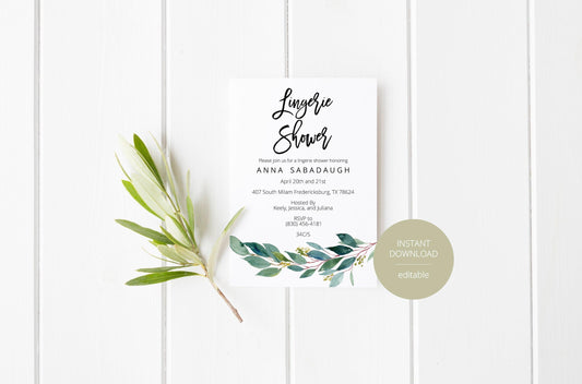 Greenery Lingerie Party Invitation Instant Download Printable Editable Template DIY Bridal Shower Invite - ANNA - SAVVY PAPER CO