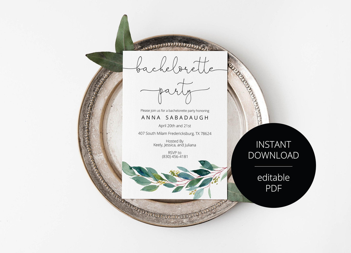 Greenery Watercolor Bachelorette Party Invite,Bride to Be,Itinerary,Printable Invitation,Instant Download,Printable Wedding - ANNA - SAVVY PAPER CO