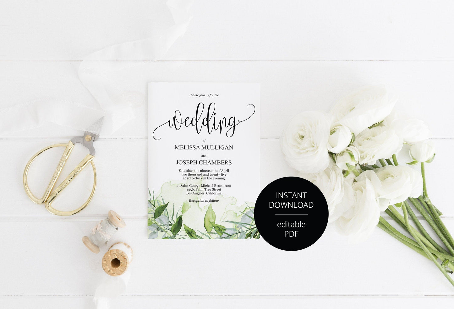 Greenery Wedding Invitation Editable Template, Printable DIY Instant Download Invites, Digital Download Invitations- Melissa - SAVVY PAPER CO