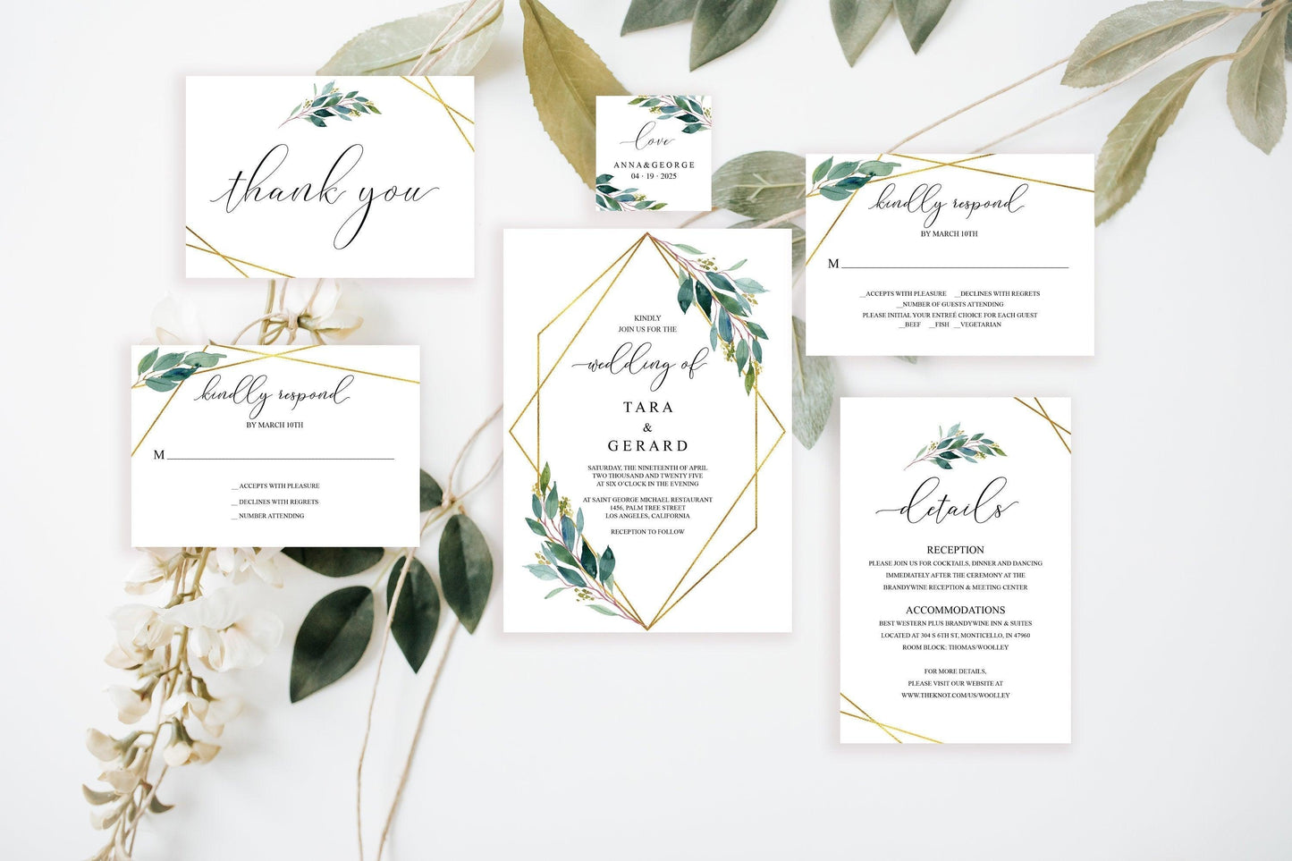Greenery Wedding Invitation Set Template,Printable Wedding Invitation,Geometric Gold Wedding,Instant Download,Editable Invitation- TARA - SAVVY PAPER CO