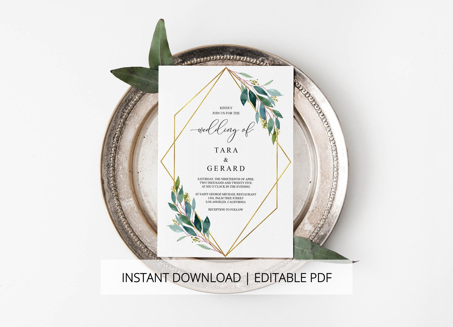 Greenery Wedding Invitation Set Template,Printable Wedding Invitation,Geometric Gold Wedding,Instant Download,Editable Invitation- TARA - SAVVY PAPER CO