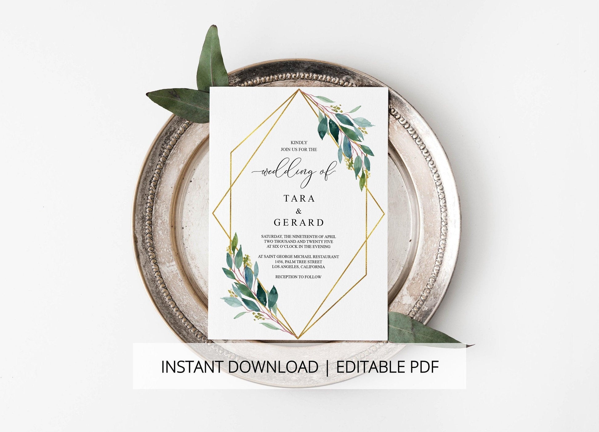 Greenery Wedding Invitation Set Template,Printable Wedding Invitation,Geometric Gold Wedding,Instant Download,Editable Invitation- TARA - SAVVY PAPER CO