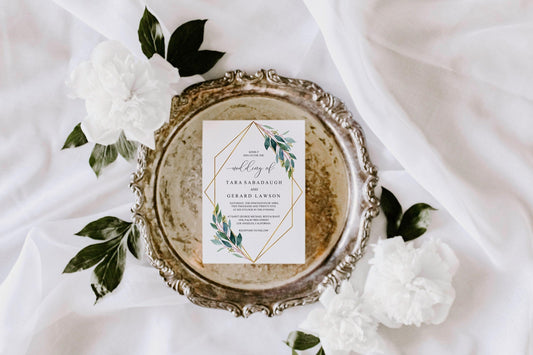 Greenery Wedding Invitation Template Faux Gold Foil Frame Editable Invitation PDF Printable - TARA - SAVVY PAPER CO