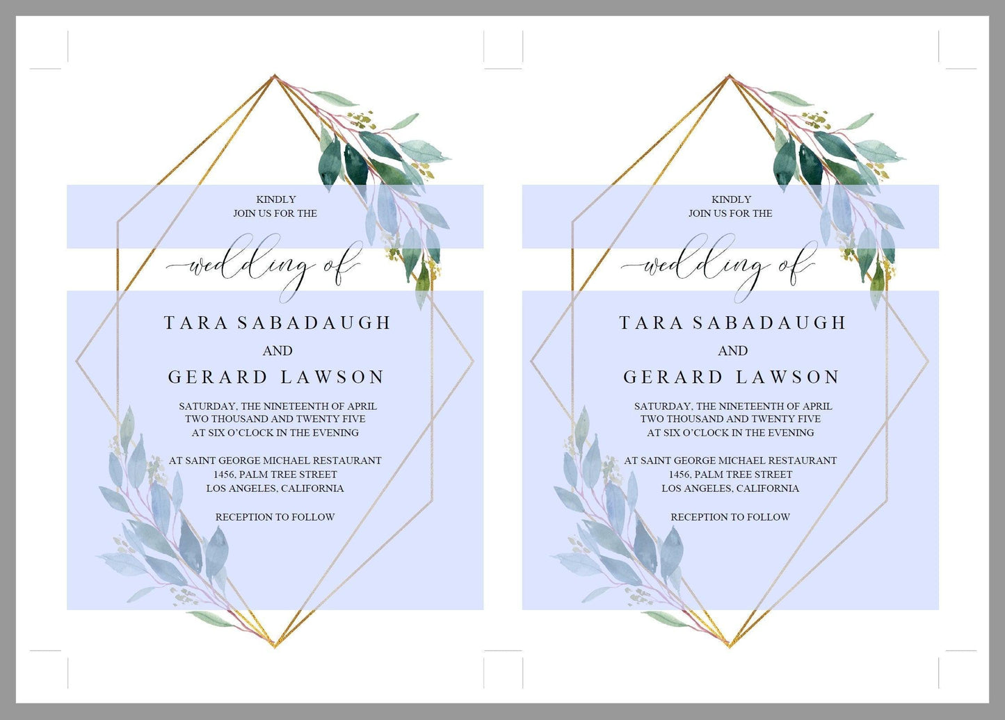 Greenery Wedding Invitation Template Faux Gold Foil Frame Editable Invitation PDF Printable - TARA - SAVVY PAPER CO