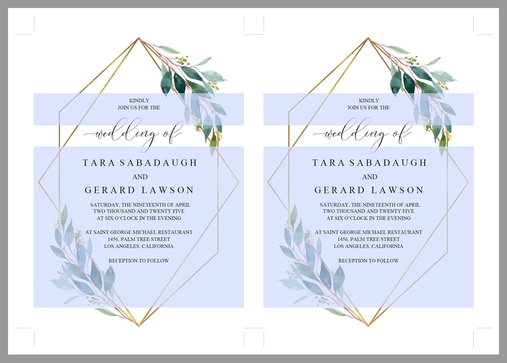 Greenery Wedding Invitation Template Faux Gold Foil Frame Editable Invitation PDF Printable - TARA - SAVVY PAPER CO