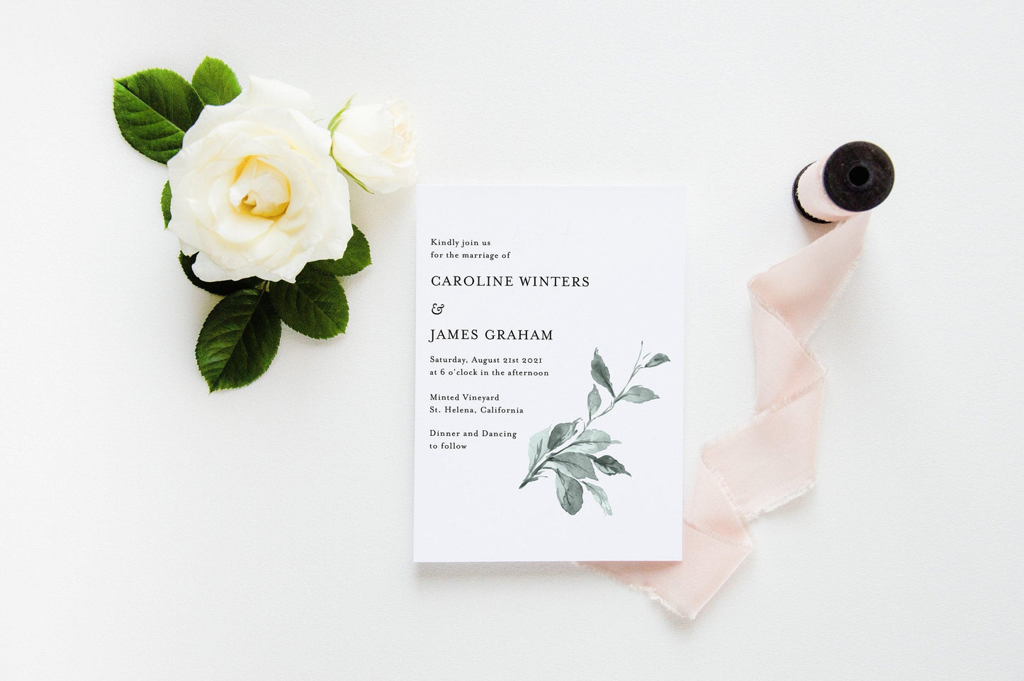 Greenery Wedding Invitation Template, Minimal Wedding Invite, Greenery Leaf Invitations, Sage Green - JUNE - SAVVY PAPER CO