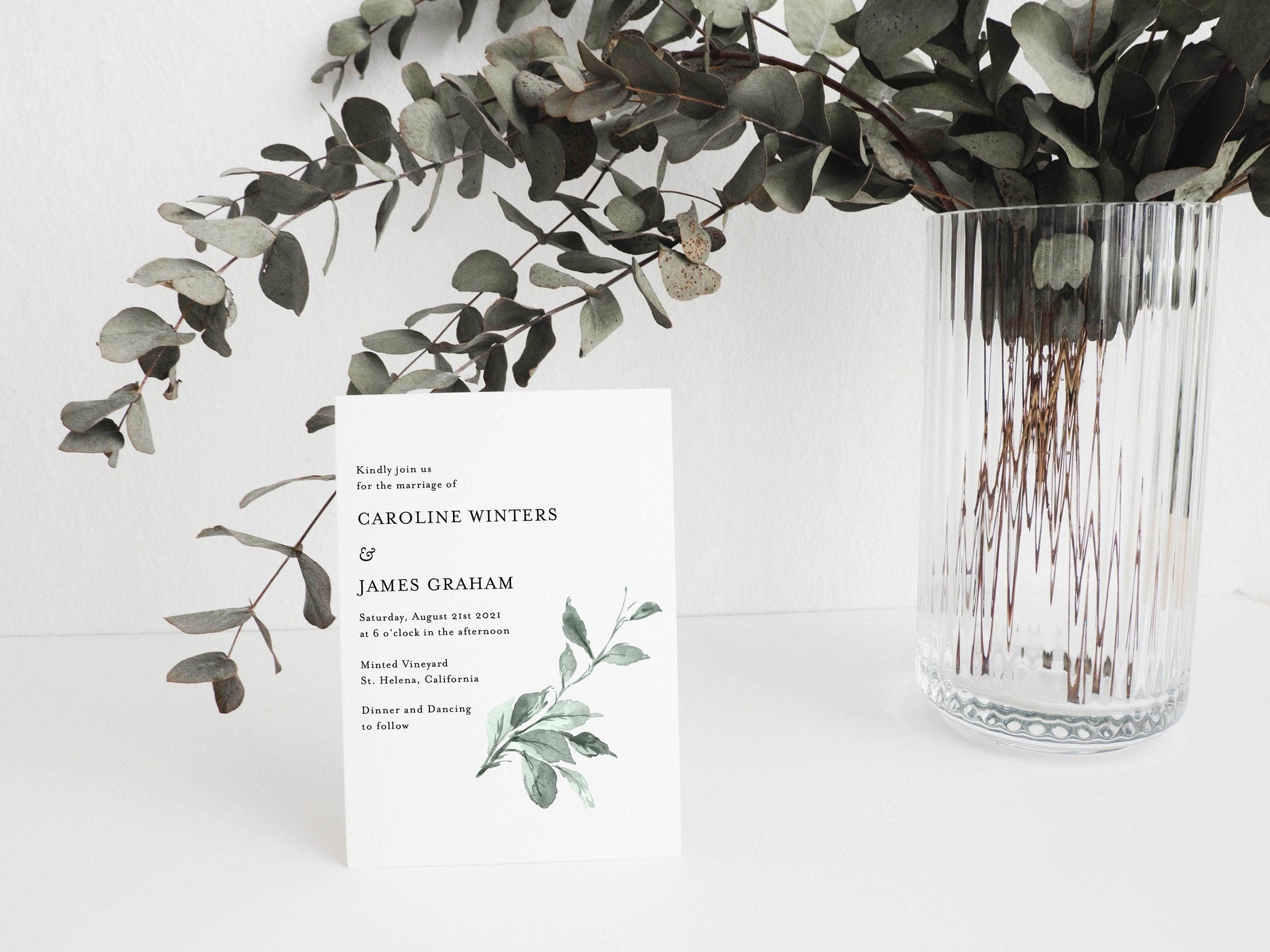 Greenery Wedding Invitation Template, Minimal Wedding Invite, Greenery Leaf Invitations, Sage Green - JUNE - SAVVY PAPER CO