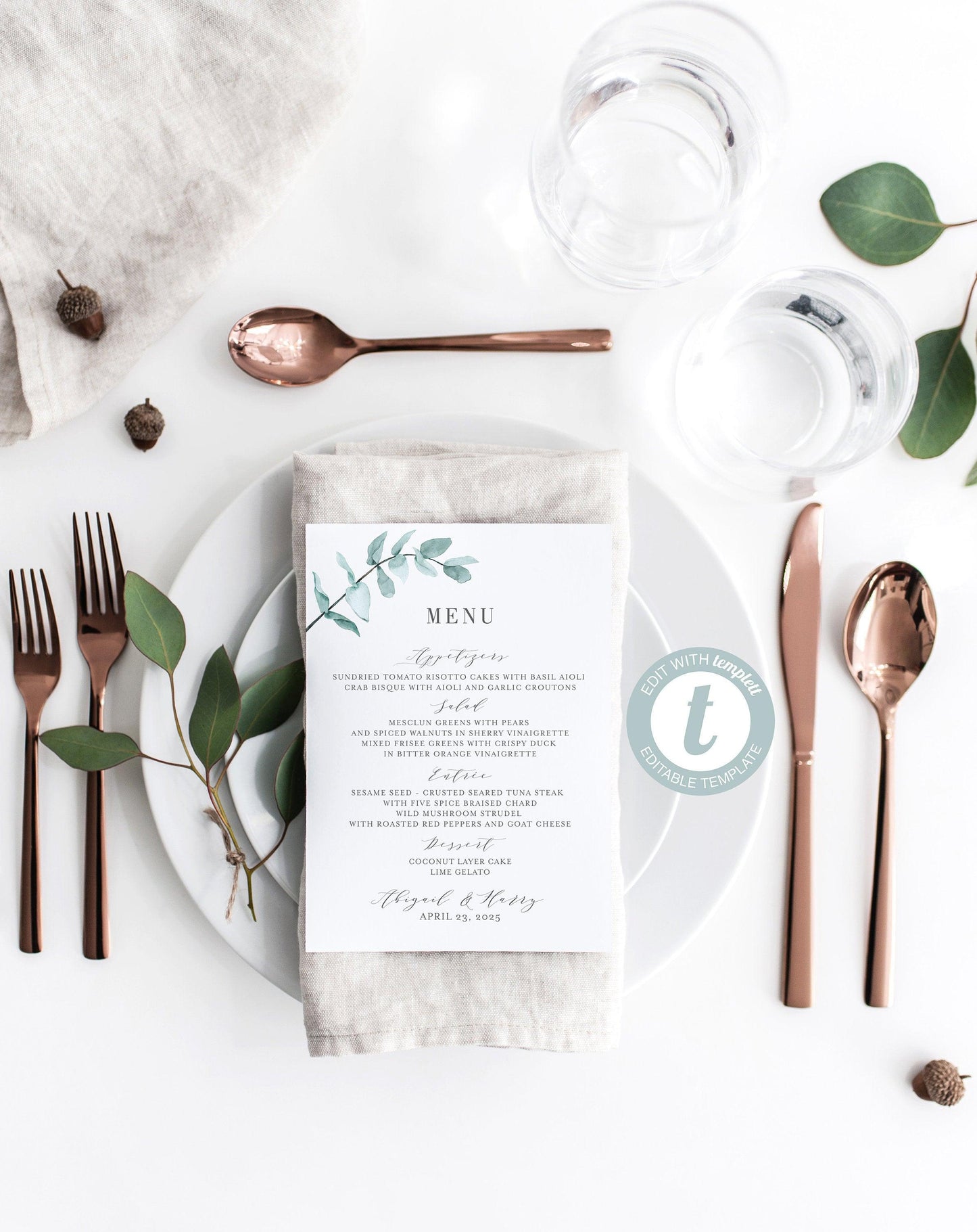 Greenery Wedding Menu Printable Template, Editable Instant Download, Menu Cards, DIY Dinner Menu - Abi - SAVVY PAPER CO