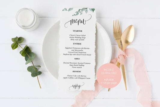 Greenery Wedding Menu Printable Template, Editable Instant Download, Menu Cards, DIY Dinner Menu - Melissa - SAVVY PAPER CO
