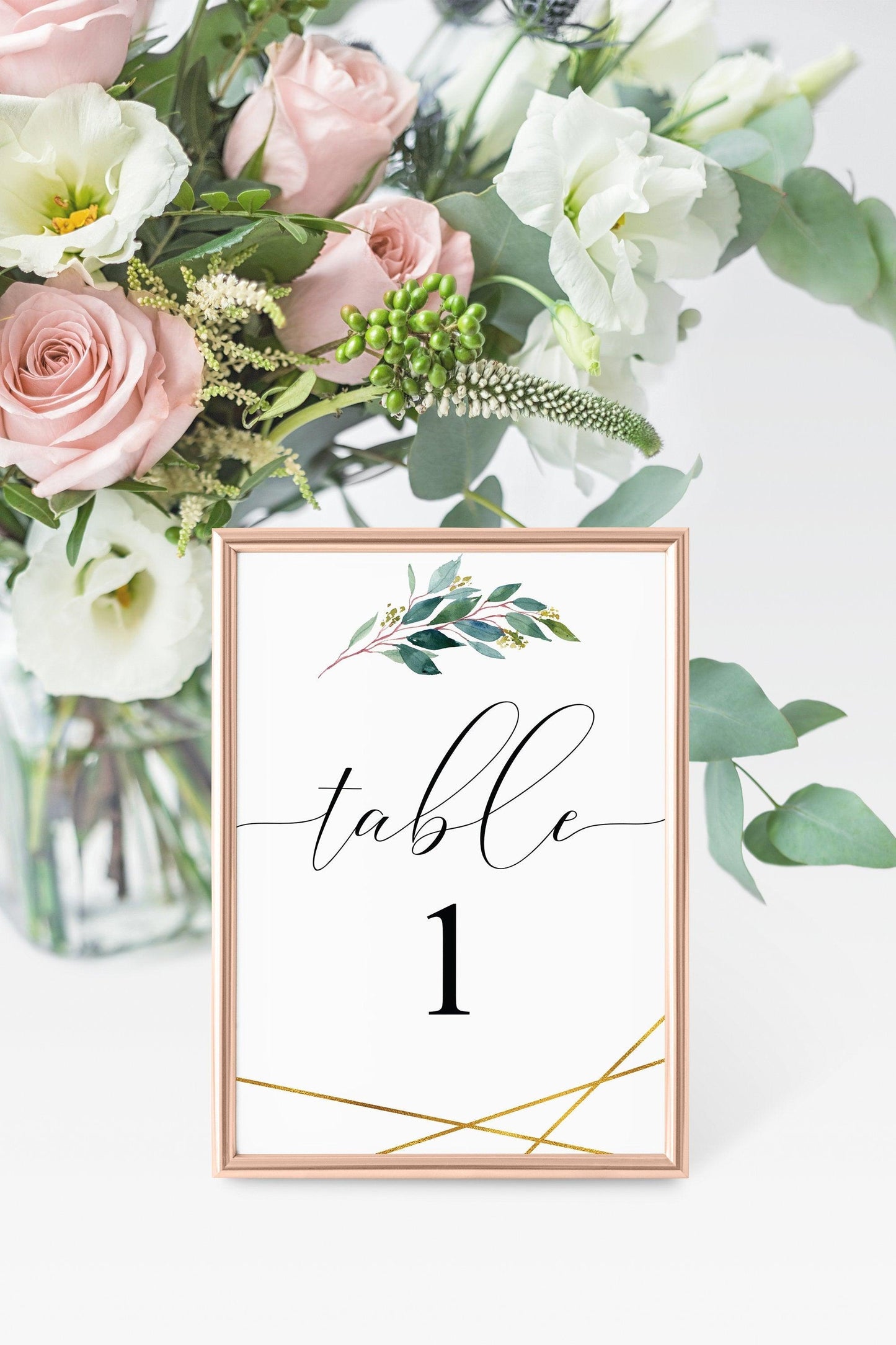 Greenery Wedding Table Number, Wedding Table, Printable Numbers, Instant Download,DIY Table Numbers, Cards, Gold, Geometric -TARA - SAVVY PAPER CO