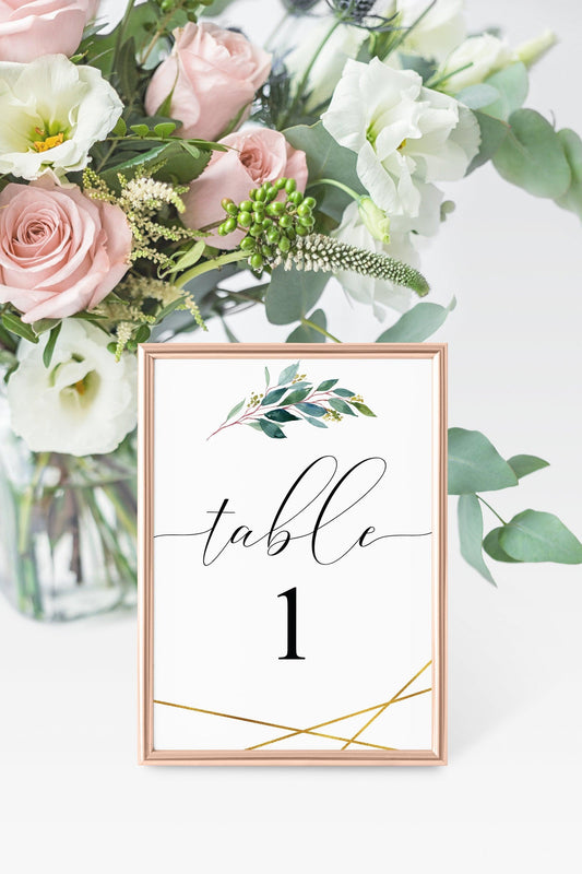 Greenery Wedding Table Number, Wedding Table, Printable Numbers, Instant Download,DIY Table Numbers, Cards, Gold, Geometric -TARA - SAVVY PAPER CO