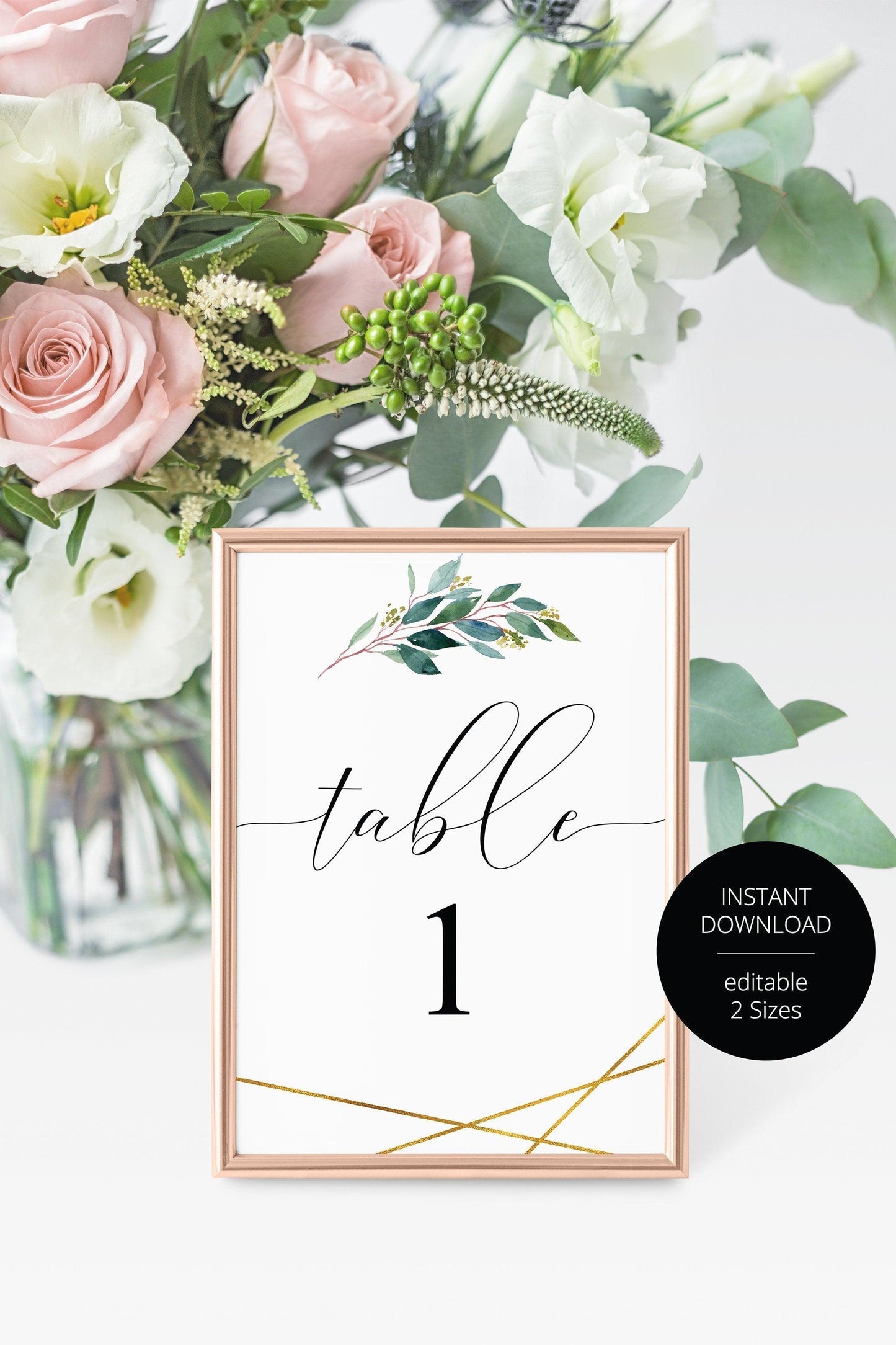 Greenery Wedding Table Number, Wedding Table, Printable Numbers, Instant Download,DIY Table Numbers, Cards, Gold, Geometric -TARA - SAVVY PAPER CO