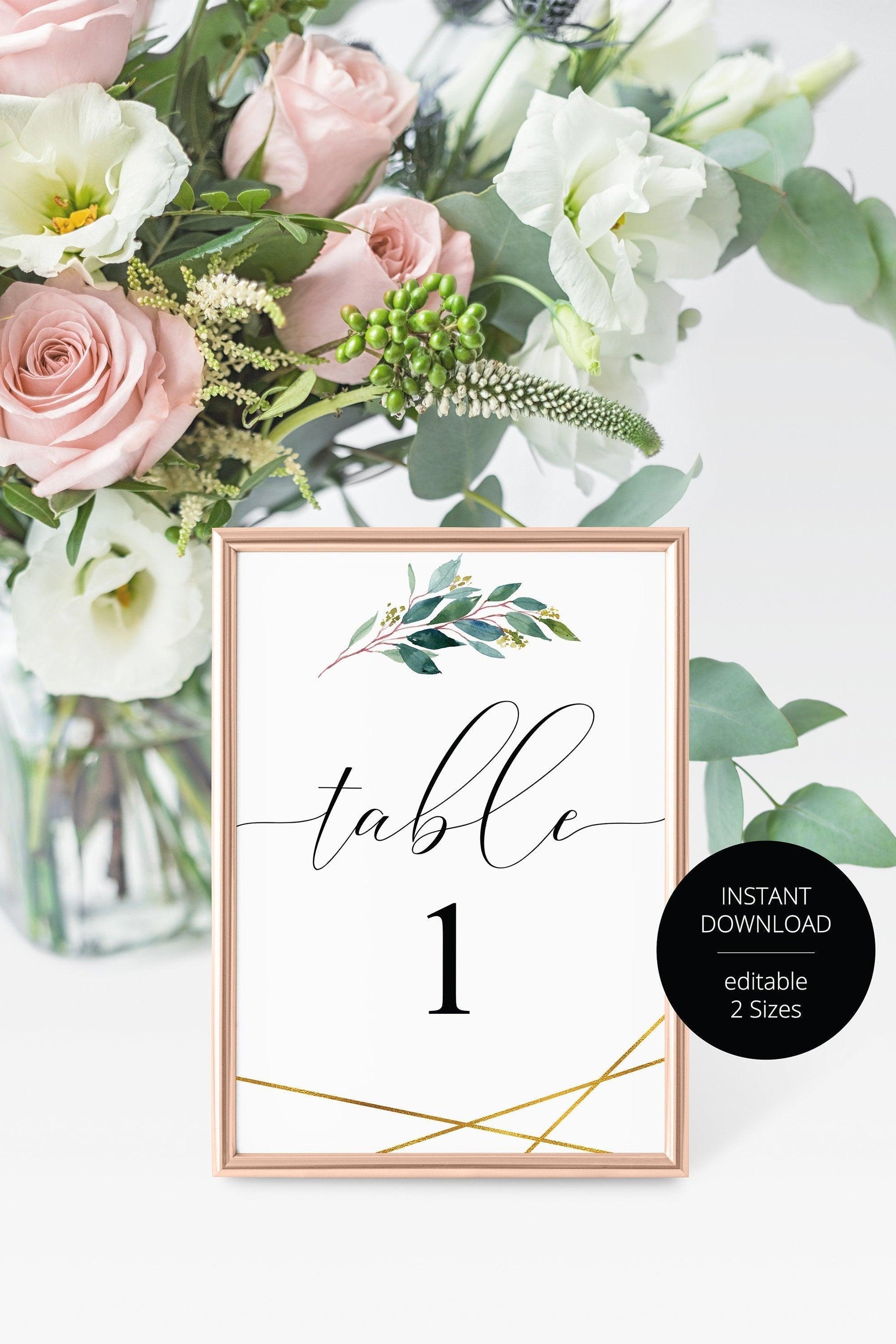 Greenery Wedding Table Number, Wedding Table, Printable Numbers, Instant Download,DIY Table Numbers, Cards, Gold, Geometric -TARA - SAVVY PAPER CO