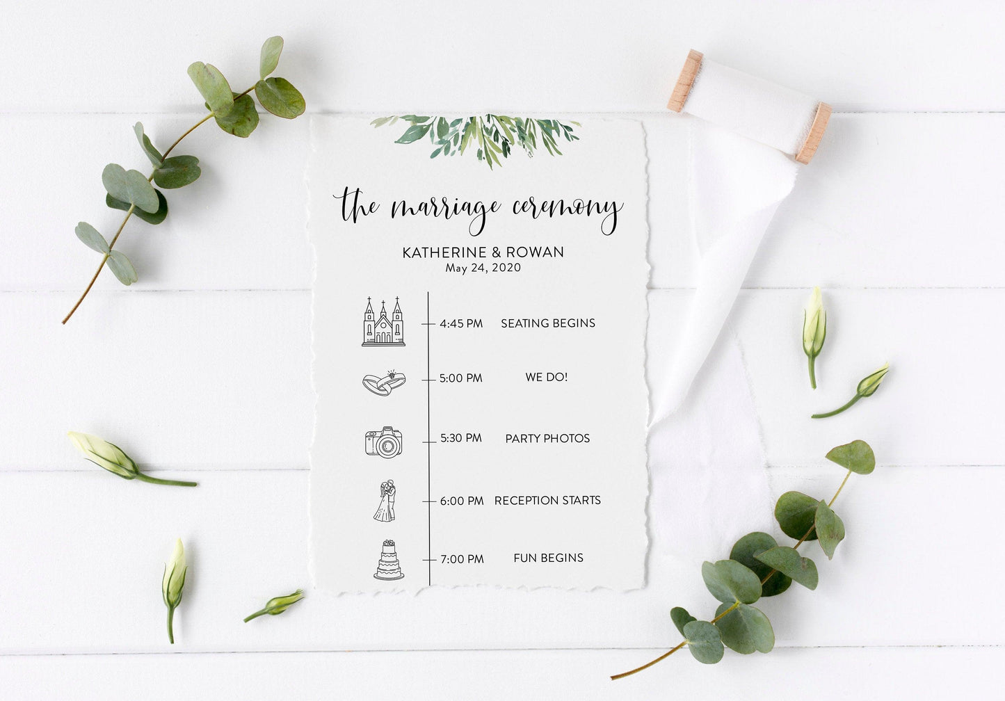 Infographic wedding program Template Card, Timeline Welcome Program Wedding, 100% editable, Greenery Wedding Program - Jasmine - SAVVY PAPER CO