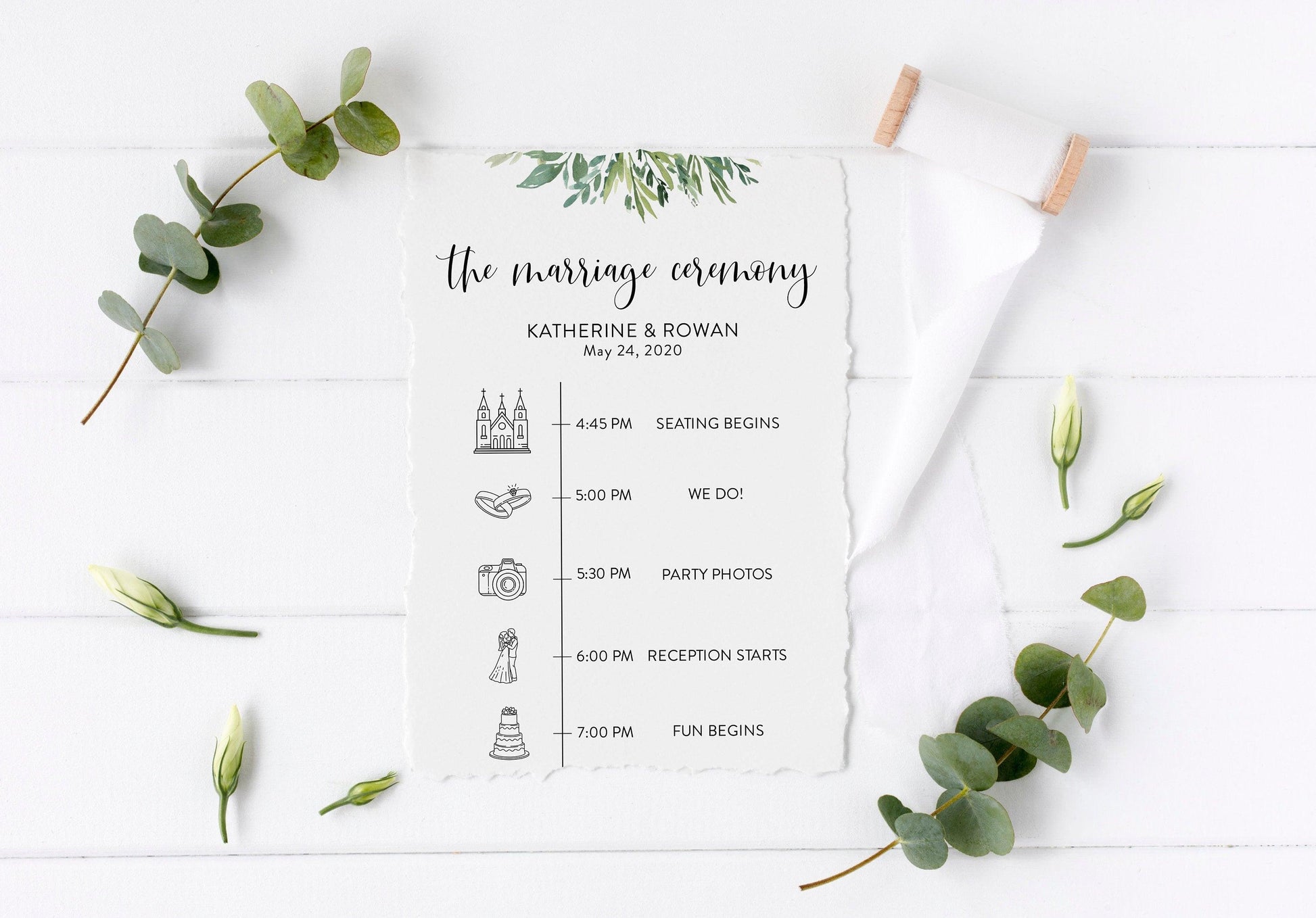 Infographic wedding program Template Card, Timeline Welcome Program Wedding, 100% editable, Greenery Wedding Program - Jasmine - SAVVY PAPER CO
