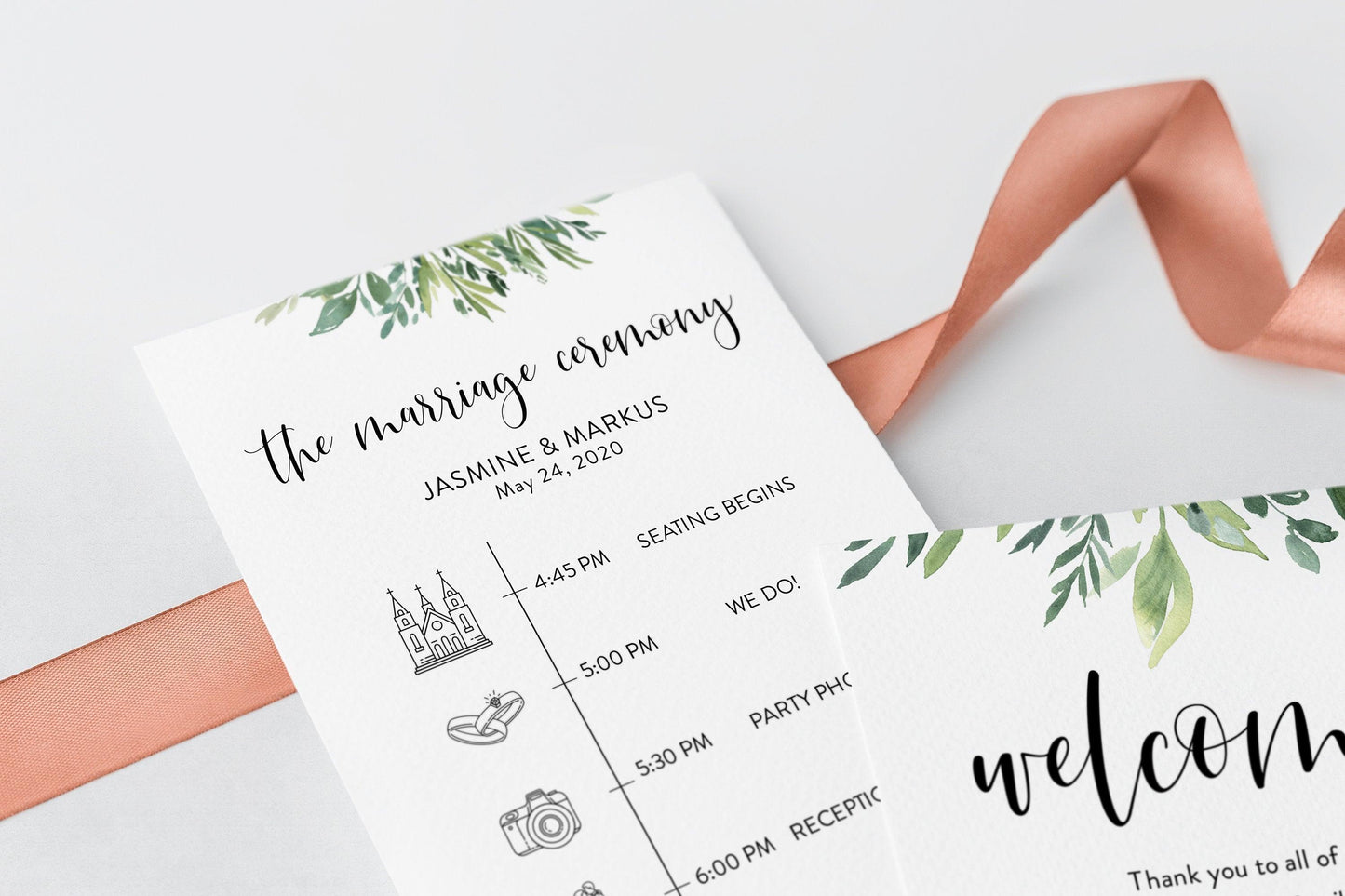 Infographic wedding program Template Card, Timeline Welcome Program Wedding, 100% editable, Greenery Wedding Program - Jasmine - SAVVY PAPER CO