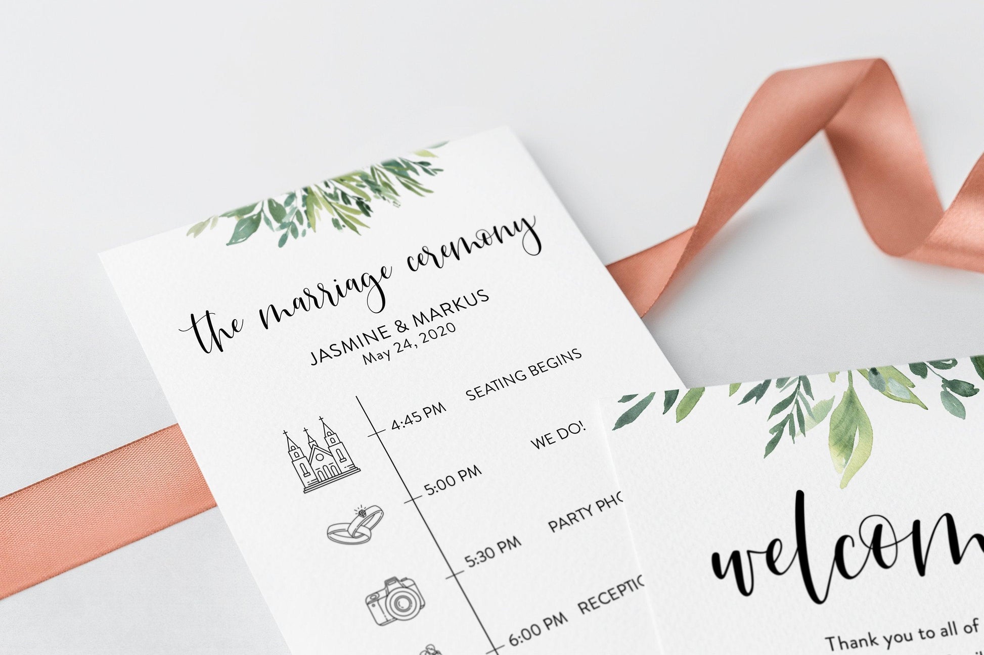 Infographic wedding program Template Card, Timeline Welcome Program Wedding, 100% editable, Greenery Wedding Program - Jasmine - SAVVY PAPER CO