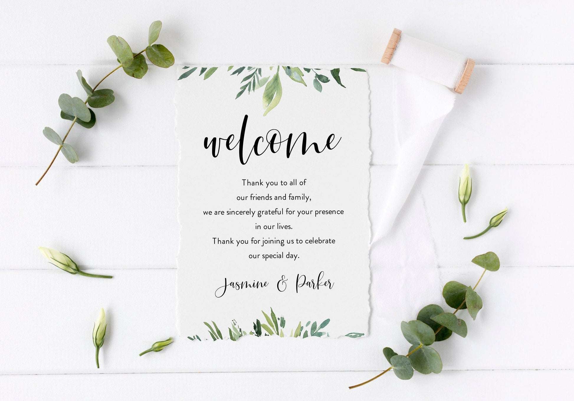 Infographic wedding program Template Card, Timeline Welcome Program Wedding, 100% editable, Greenery Wedding Program - Jasmine - SAVVY PAPER CO