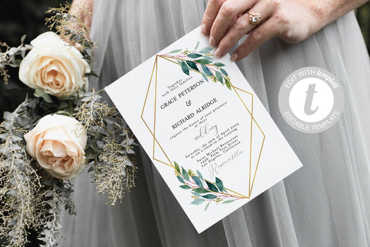 Invite only Geometric Wedding Invitation Template Instant Download Templett Printable Wedding Editable Greenery Gold - Tara - SAVVY PAPER CO