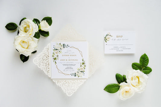 Ivory Wedding Invitation Set, laser cut greenery gold elegant wedding invitation #GLC2