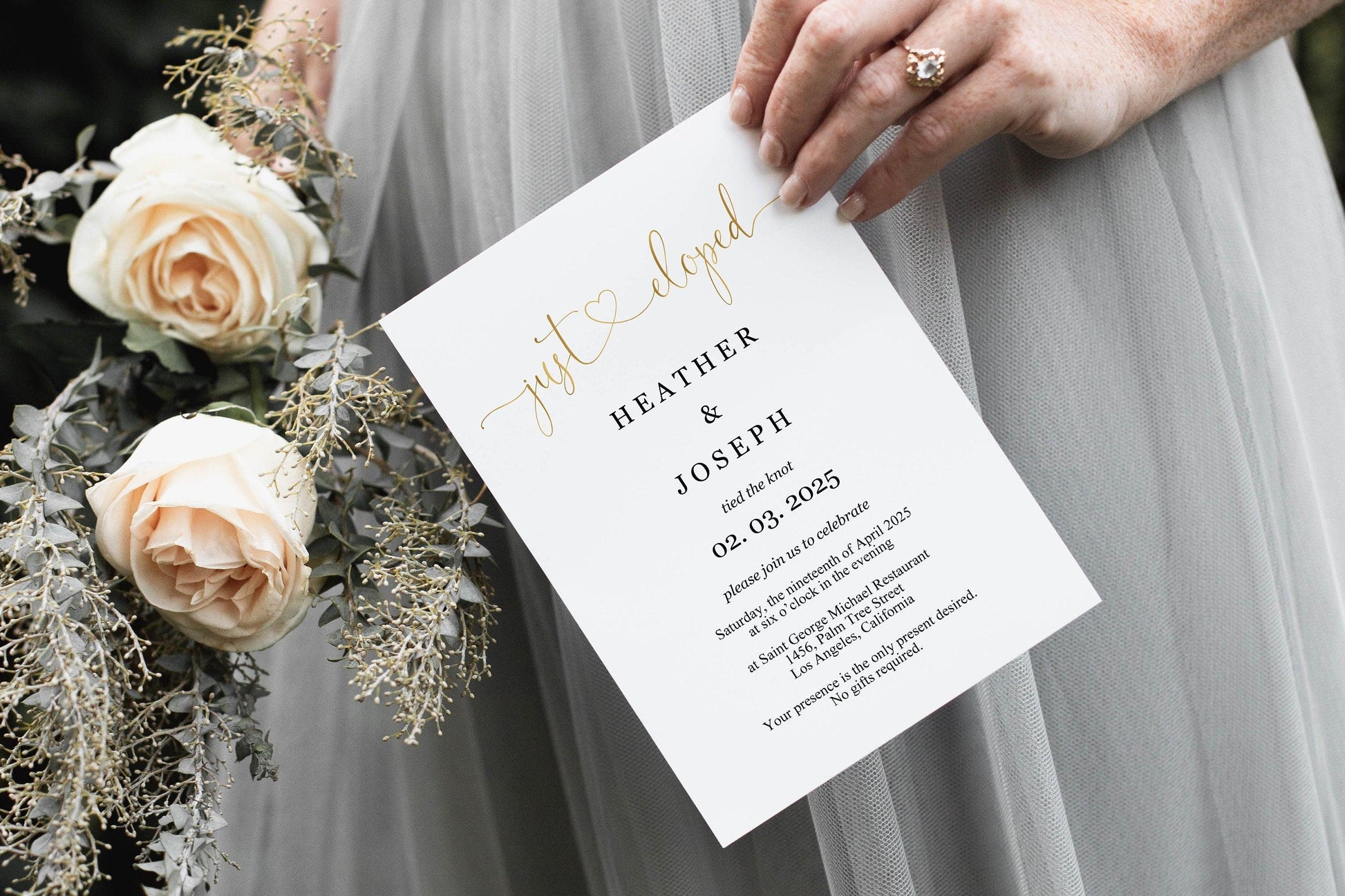 Just Eloped Wedding Invitation Template, Editable,Printable, Calligraphy, Heart, Wedding Announcement, Elopement, we eloped - Heather - SAVVY PAPER CO