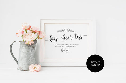 Kiss Cheer Toss Sign, Rustic Wedding, Wedding Printables, Instant Download, Wedding Signage, Reception Sign, Wedding Send Off, Petal Toss - SAVVY PAPER CO