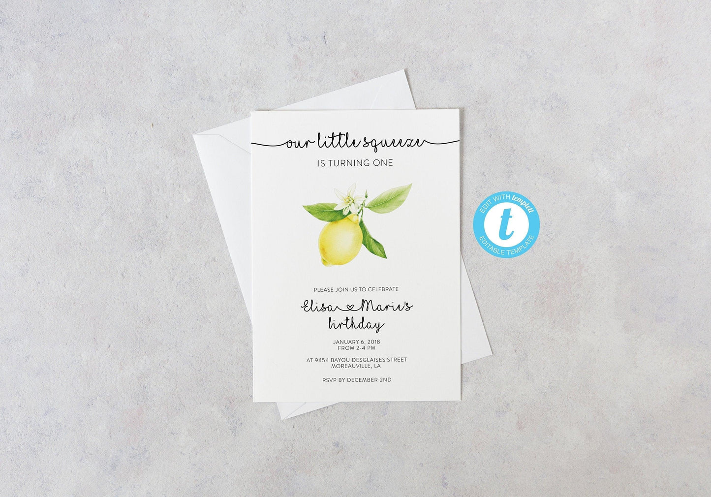 Lemon Birthday Invitation Template, Girl Birthday, Lemon Party, Sweet Lemon Invite, Yellow Little Squeeze Invites, Main Squeeze - Ariel - SAVVY PAPER CO